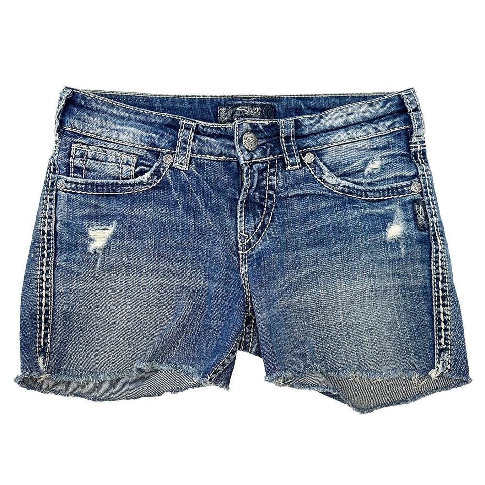 SILVER JEANS Women's Suki Flap Cut Off Jean Shorts • 28 • blue denim